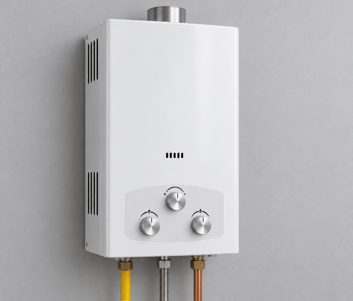 Close-up of a plain white wall-mounted gas geyser unit with control knobs