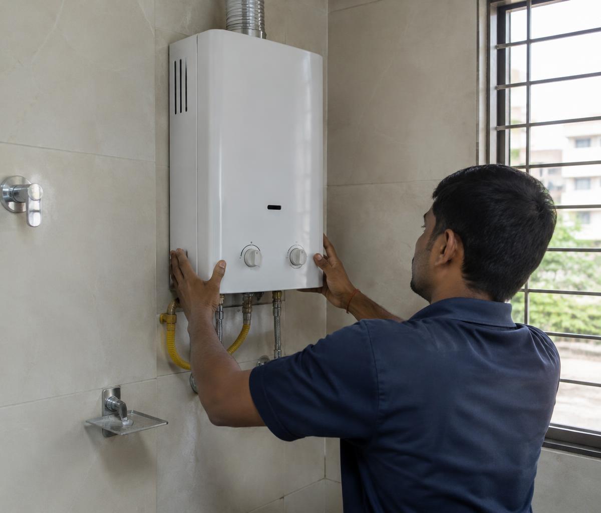 Technician mounting a new wall-mounted gas geyser on a bathroom wall