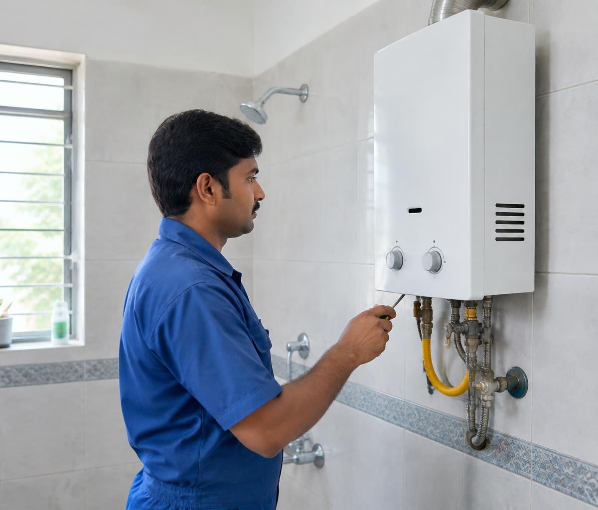 Service technician repairing a wall-mounted gas geyser in an Indian bathroom