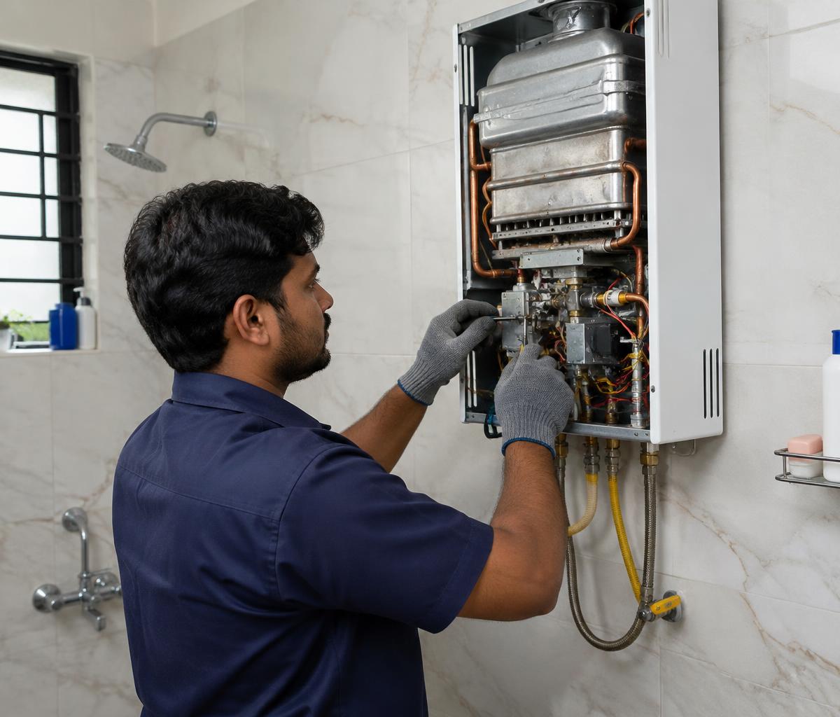 Service technician carrying out maintenance on a gas geyser with the front panel open