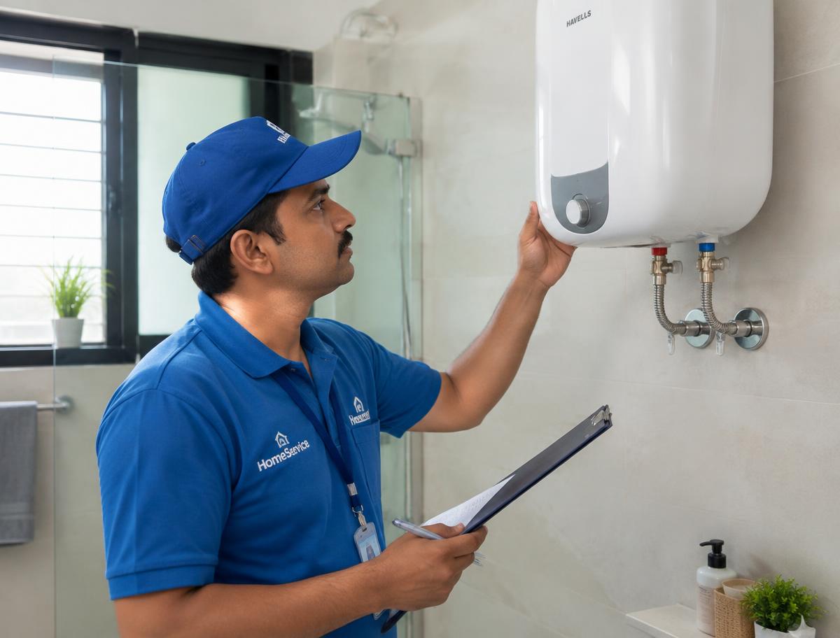 Service professional checking a wall-mounted water heater in a Pimpri-Chinchwad home